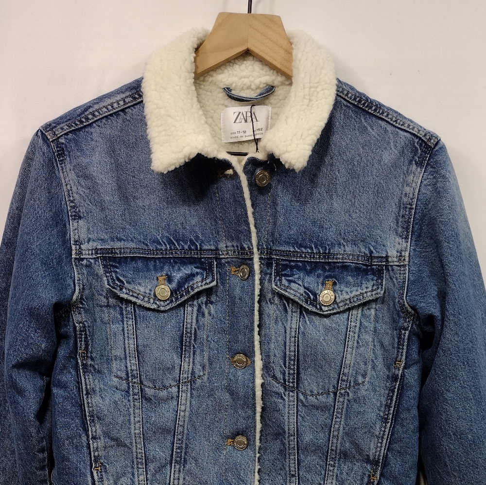 NWOT Zara Kids Fleece Lined Denim Jacket Size  11/12 Blue Boho Retro 90s Y2K - Picture 2 of 9